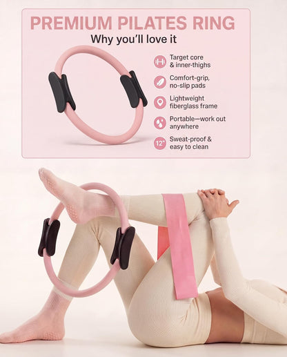 Pilates Equipment Kit for Home Workout, 15 Pcs Pilates Kit with Weights for Women, Pilates Ring Set, Grip Socks, Home Pilates Workout Kit, Pilates for Home or Studio Workouts