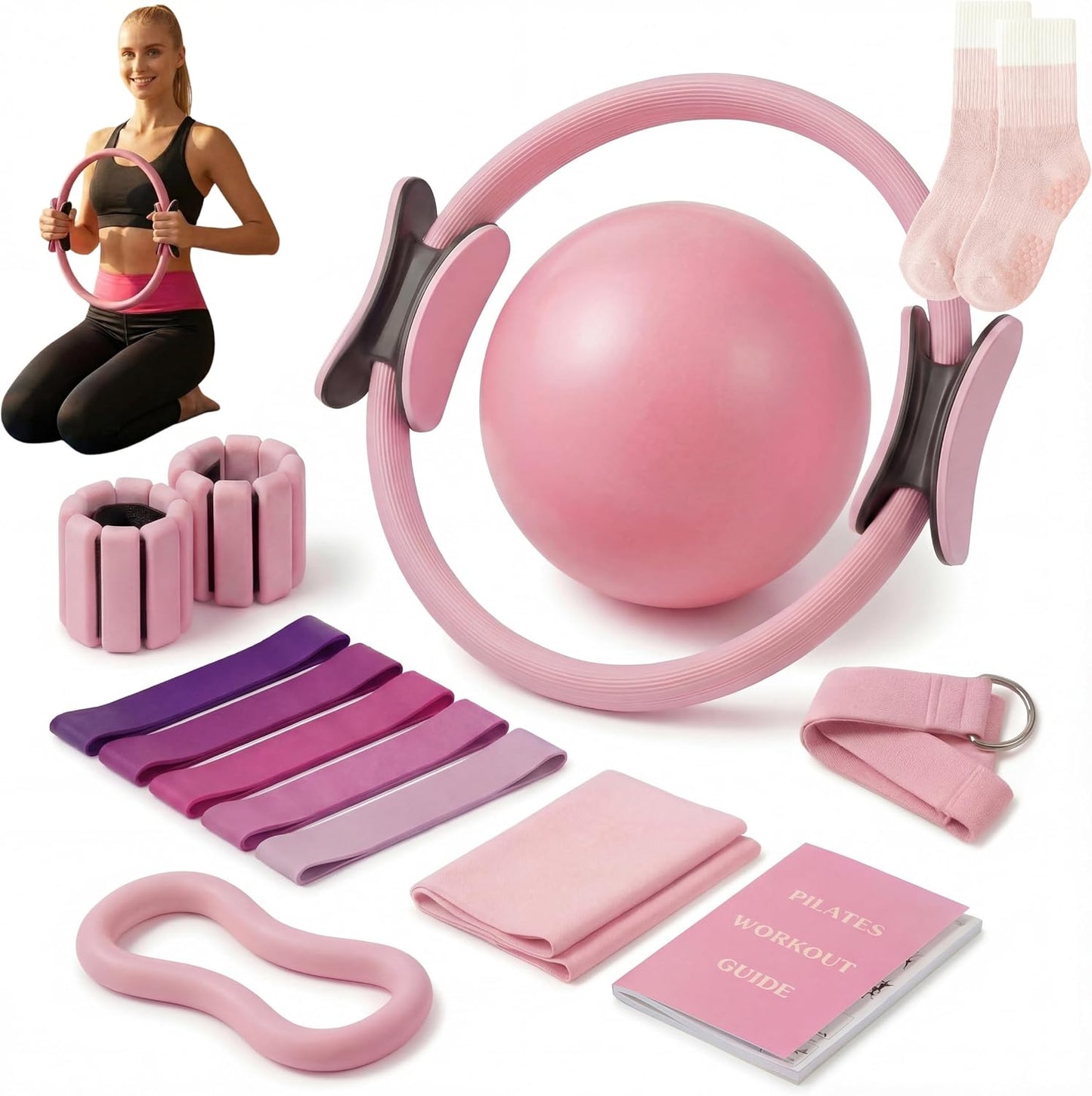 Pilates Equipment Kit for Home Workout, 15 Pcs Pilates Kit with Weights for Women, Pilates Ring Set, Grip Socks, Home Pilates Workout Kit, Pilates for Home or Studio Workouts